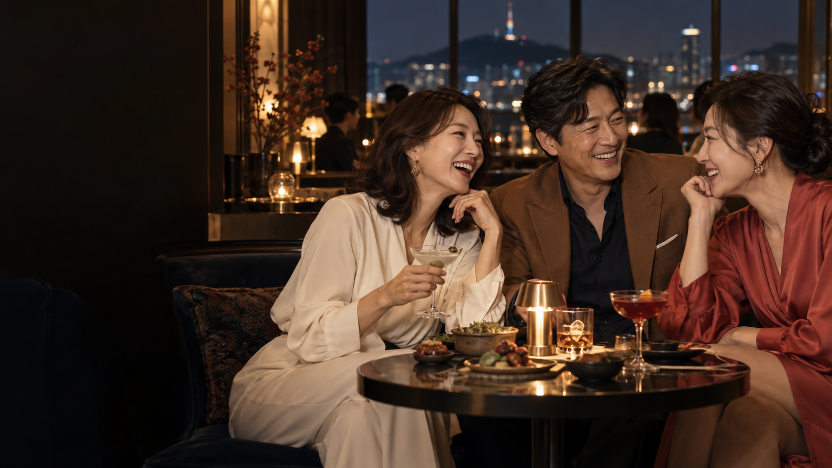서울의 바에서 즐거운 시간을 보내는 세 명의 스타일리시한 친구